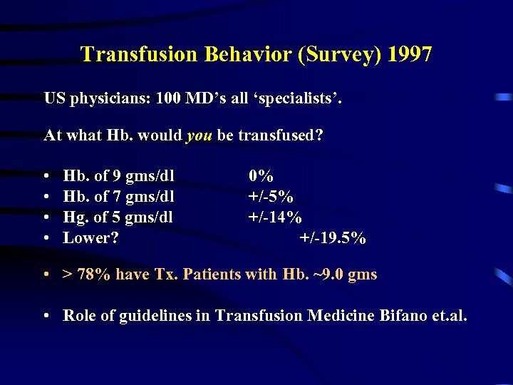 Transfusion Behavior (Survey) 1997 US physicians: 100 MD’s all ‘specialists’. At what Hb. would