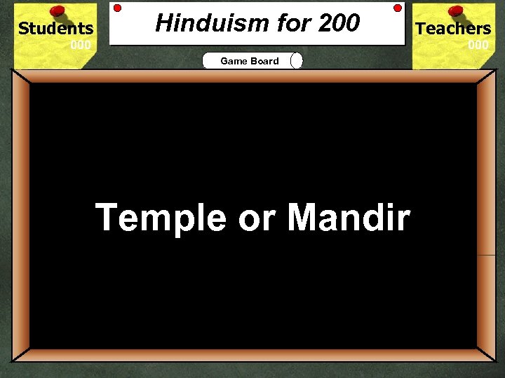 Students Hinduism for 200 Teachers Game Board 200 The Hindu place of worship is