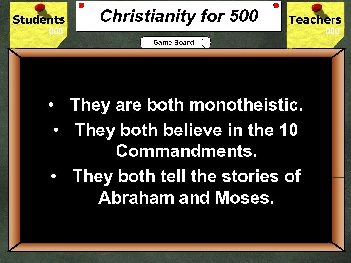 Students Christianity for 500 Teachers Game Board • They are both monotheistic. • They