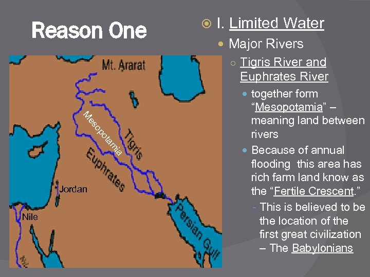 Reason One I. Limited Water Major Rivers ○ Tigris River and Euphrates River together
