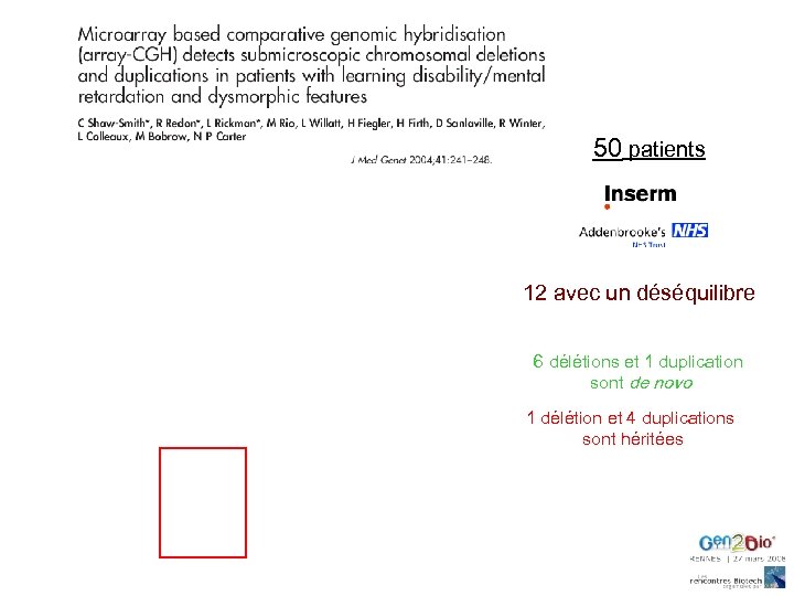 50 patients 12 avec un déséquilibre 6 délétions et 1 duplication sont de novo