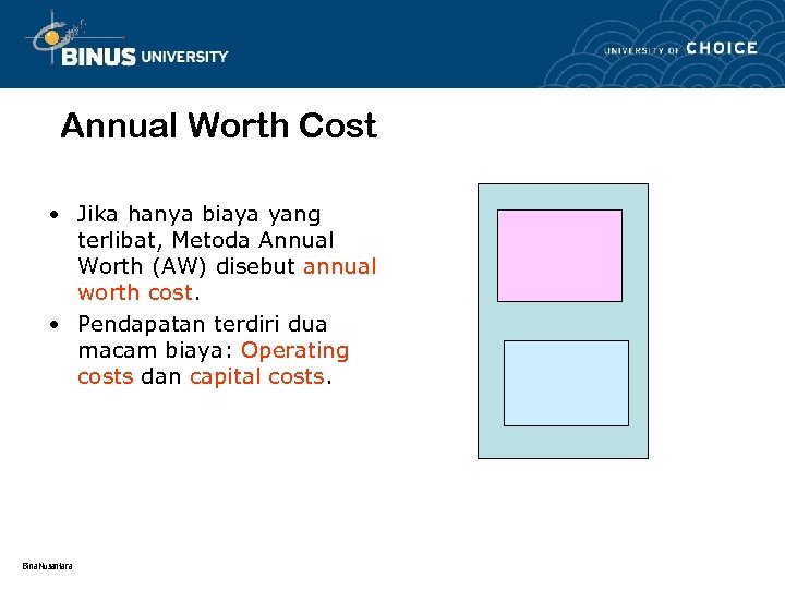 Annual Worth Cost • Jika hanya biaya yang terlibat, Metoda Annual Worth (AW) disebut
