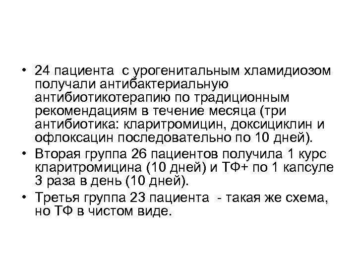  • 24 пациента с урогенитальным хламидиозом получали антибактериальную антибиотикотерапию по традиционным рекомендациям в