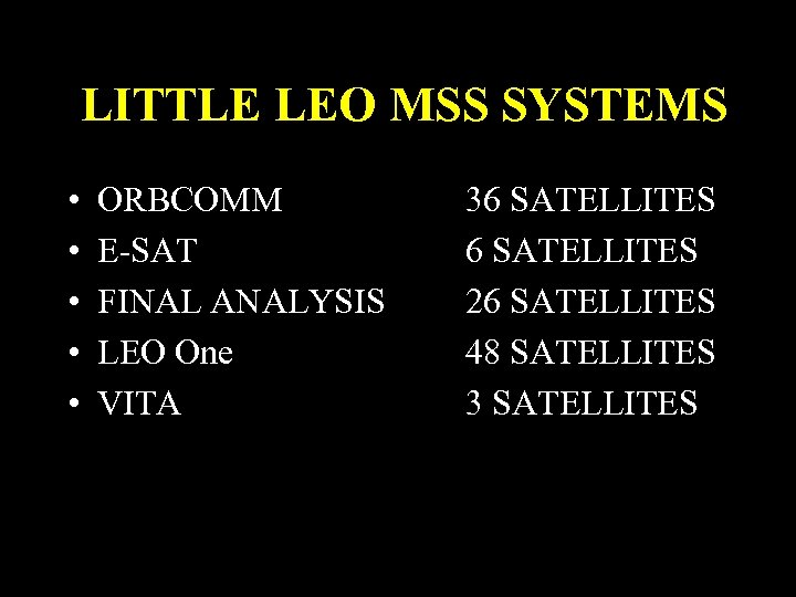 LITTLE LEO MSS SYSTEMS • • • ORBCOMM E-SAT FINAL ANALYSIS LEO One VITA