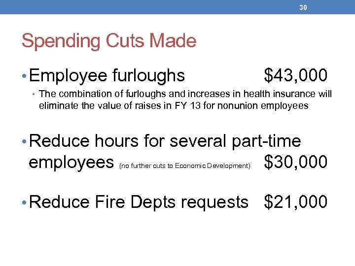 30 Spending Cuts Made • Employee furloughs $43, 000 • The combination of furloughs