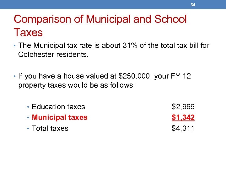 34 Comparison of Municipal and School Taxes • The Municipal tax rate is about