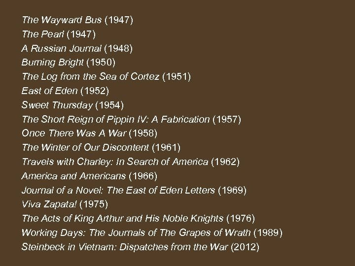 The Wayward Bus (1947) The Pearl (1947) A Russian Journal (1948) Burning Bright (1950)