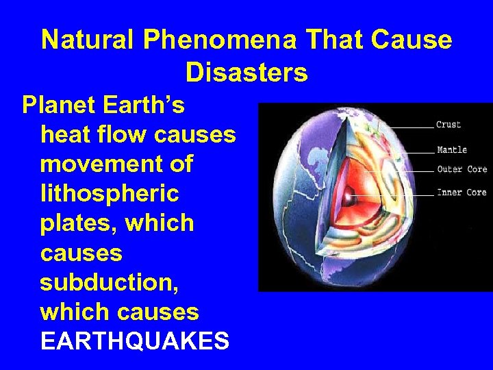 Natural Phenomena That Cause Disasters Planet Earth’s heat flow causes movement of lithospheric plates,