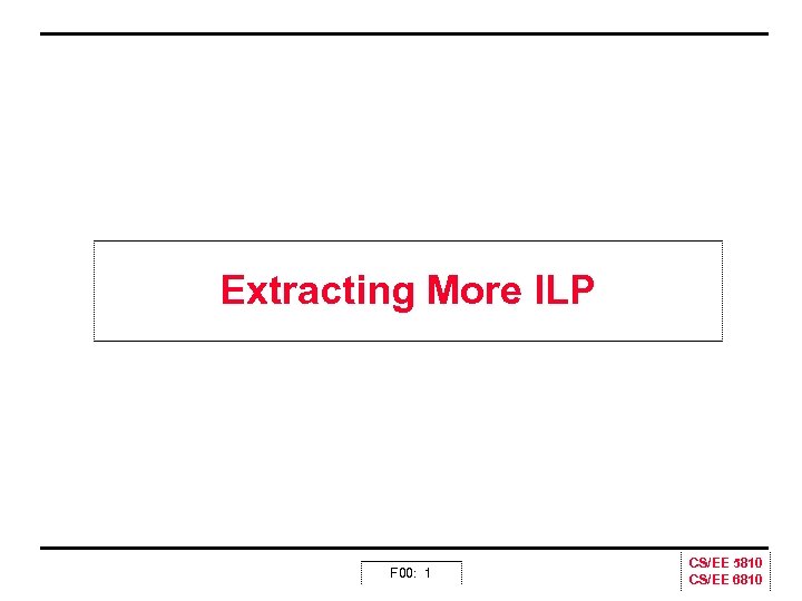 Extracting More ILP F 00: 1 CS/EE 5810 CS/EE 6810 