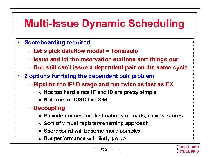 Multi Issue Dynamic Scheduling • Scoreboarding required – Let’s pick dataflow model = Tomasulo