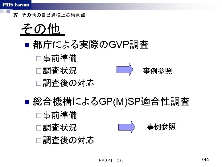 Ⅳ．その他の自己点検上の留意点 その他 n 都庁による実際のGVP調査 ¨ 事前準備 ¨ 調査状況 事例参照 ¨ 調査後の対応 n 総合機構によるGP(M)SP適合性調査 ¨