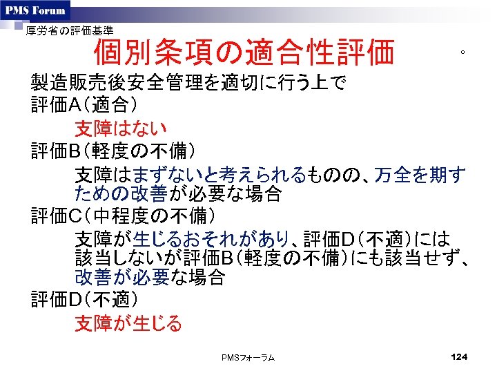 厚労省の評価基準 個別条項の適合性評価 ○ 製造販売後安全管理を適切に行う上で 評価A（適合） 　　　 支障はない 評価B（軽度の不備） 　　　 支障はまずないと考えられるものの、万全を期す ための改善が必要な場合 評価C（中程度の不備） 　　　 支障が生じるおそれがあり、評価D（不適）には