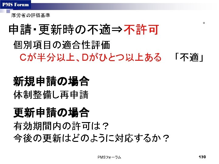 厚労省の評価基準 申請・更新時の不適⇒不許可 ○ 個別項目の適合性評価 　Cが半分以上、Dがひとつ以上ある　　「不適」 新規申請の場合 体制整備し再申請 更新申請の場合 有効期間内の許可は？ 今後の更新はどのように対応するか？ PMSフォーラム 130 