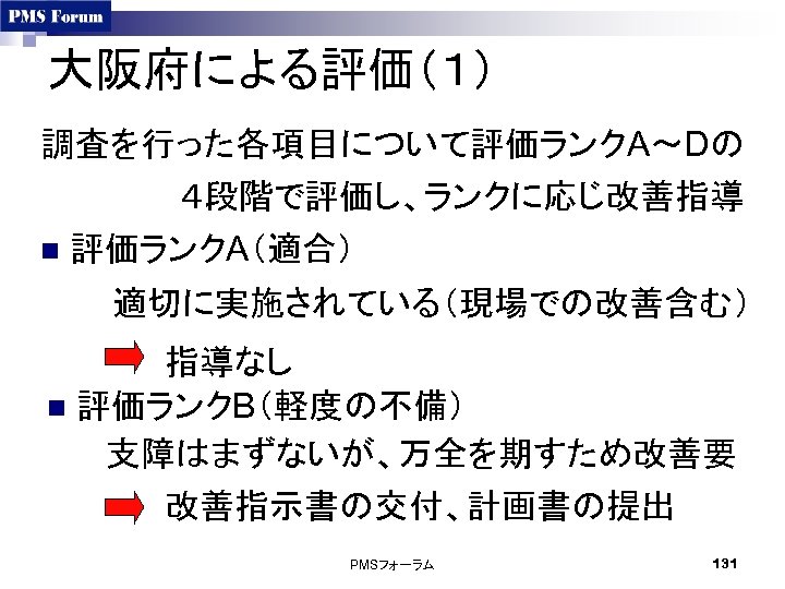 大阪府による評価（１） 調査を行った各項目について評価ランクA～Dの 　　　　　　４段階で評価し、ランクに応じ改善指導 　 n 評価ランクA（適合） 　 適切に実施されている（現場での改善含む） 指導なし n 評価ランクB（軽度の不備） 　 支障はまずないが、万全を期すため改善要 改善指示書の交付、計画書の提出