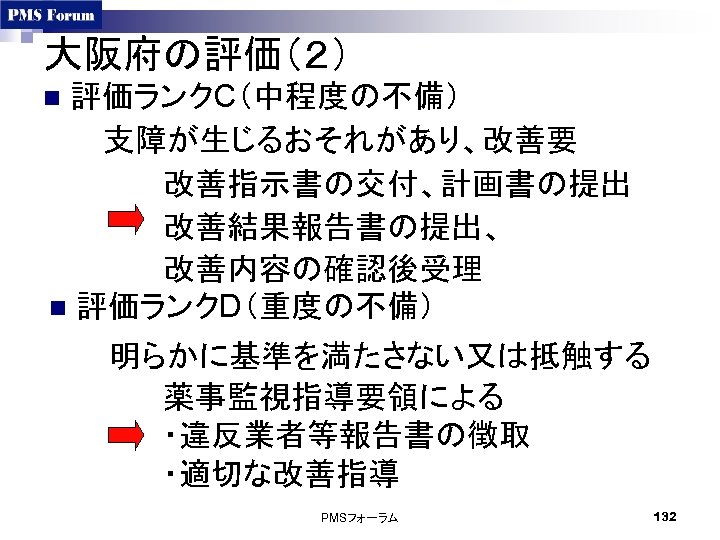 大阪府の評価（２） 評価ランクC（中程度の不備） 　 支障が生じるおそれがあり、改善要 改善指示書の交付、計画書の提出 改善結果報告書の提出、 改善内容の確認後受理 n 評価ランクD（重度の不備） 　 n 明らかに基準を満たさない又は抵触する 薬事監視指導要領による ・違反業者等報告書の徴取