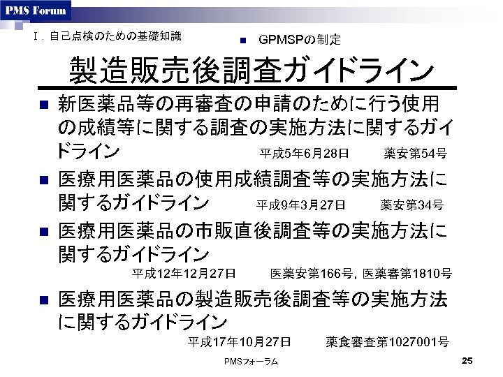 Ⅰ．自己点検のための基礎知識 n GPMSPの制定 製造販売後調査ガイドライン n n n 新医薬品等の再審査の申請のために行う使用 の成績等に関する調査の実施方法に関するガイ ドライン　　　　　　　　平成 5年 6月28日　　　　薬安第 54号 医療用医薬品の使用成績調査等の実施方法に