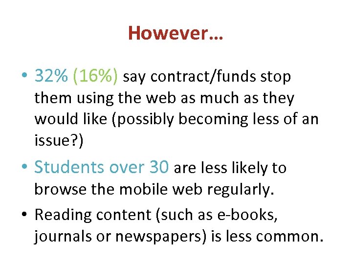 However… • 32% (16%) say contract/funds stop them using the web as much as