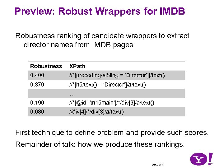 Preview: Robust Wrappers for IMDB Robustness ranking of candidate wrappers to extract director names