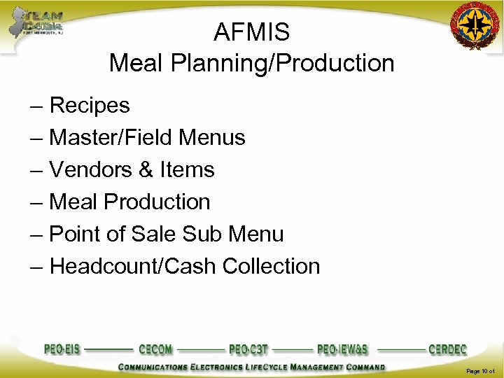 AFMIS Meal Planning/Production – Recipes – Master/Field Menus – Vendors & Items – Meal