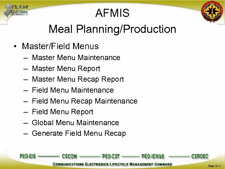 AFMIS Meal Planning/Production • Master/Field Menus – – – – Master Menu Maintenance Master