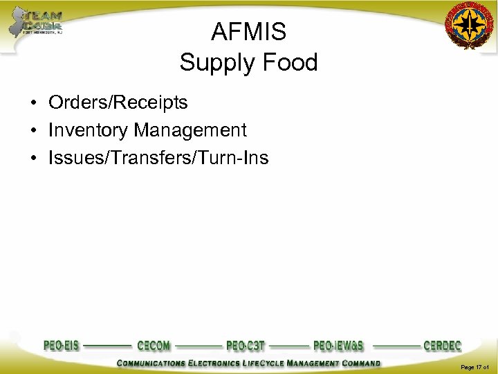 AFMIS Supply Food • Orders/Receipts • Inventory Management • Issues/Transfers/Turn-Ins Page 17 of 