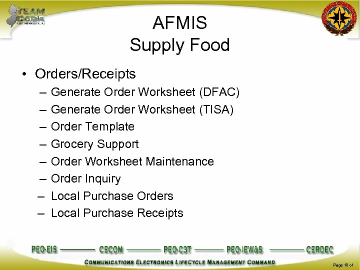 AFMIS Supply Food • Orders/Receipts – – – – Generate Order Worksheet (DFAC) Generate