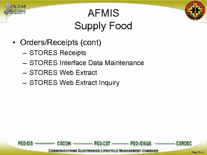 AFMIS Supply Food • Orders/Receipts (cont) – – STORES Receipts STORES Interface Data Maintenance