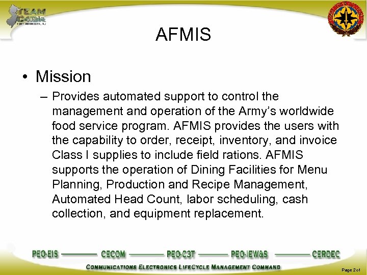 AFMIS • Mission – Provides automated support to control the management and operation of