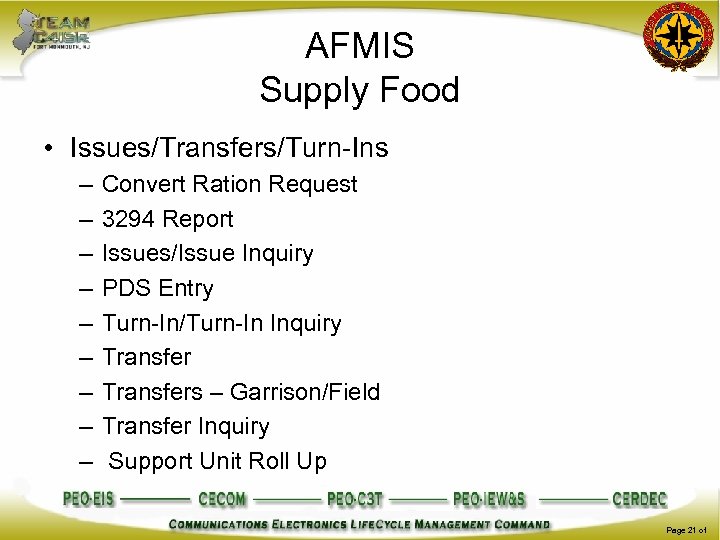 AFMIS Supply Food • Issues/Transfers/Turn-Ins – – – – – Convert Ration Request 3294