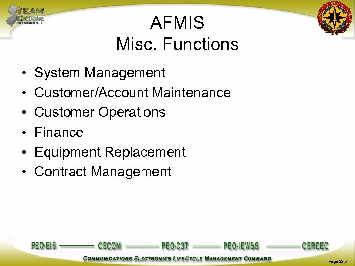 AFMIS Misc. Functions • • • System Management Customer/Account Maintenance Customer Operations Finance Equipment