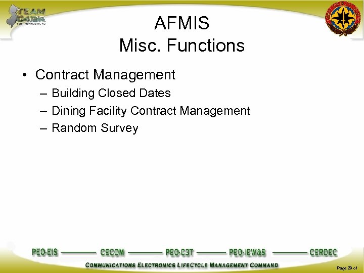 AFMIS Misc. Functions • Contract Management – Building Closed Dates – Dining Facility Contract