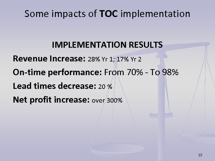 Some impacts of TOC implementation IMPLEMENTATION RESULTS Revenue Increase: 28% Yr 1; 17% Yr