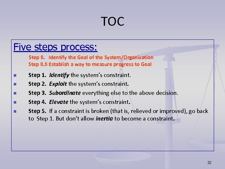 TOC Five steps process: Step 0. Identify the Goal of the System/Organization Step 0.