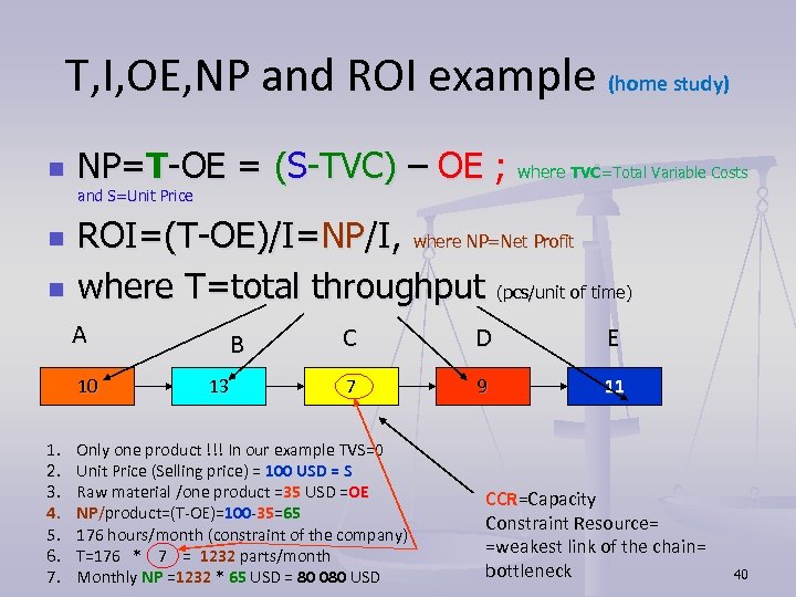 T, I, OE, NP and ROI example (home study) n NP=T-OE = (S-TVC) –