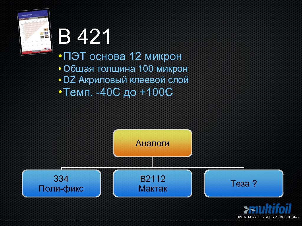 B 421 • ПЭТ основа 12 микрон • Общая толщина 100 микрон • DZ