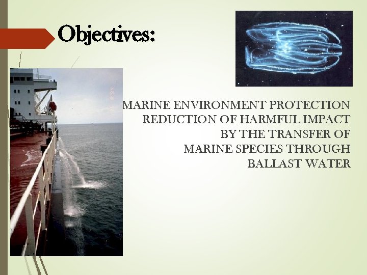 Objectives: MARINE ENVIRONMENT PROTECTION REDUCTION OF HARMFUL IMPACT BY THE TRANSFER OF MARINE SPECIES