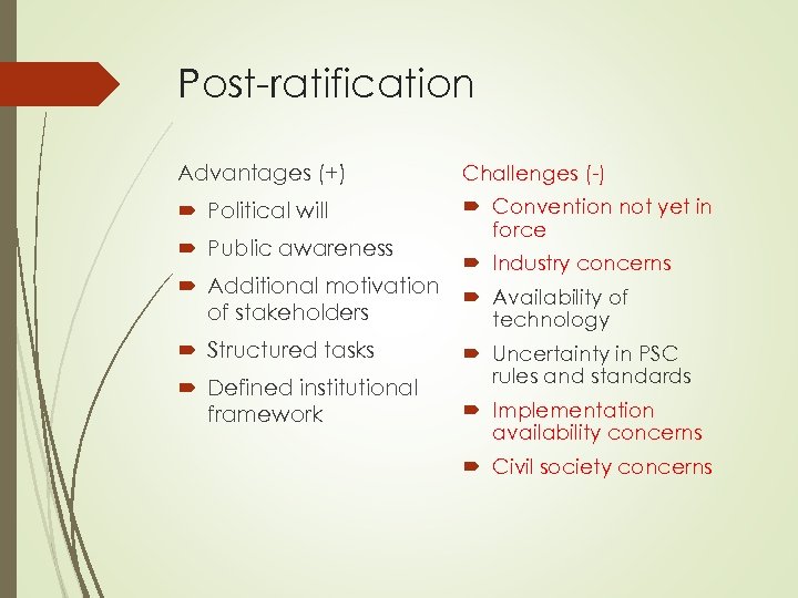 Post-ratification Advantages (+) Challenges (-) Political will Convention not yet in force Public awareness
