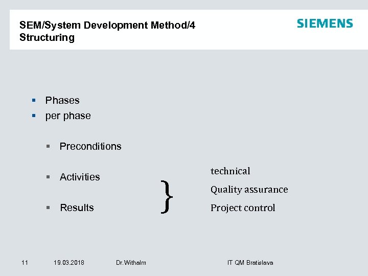 SEM/System Development Method/4 Structuring § Phases § per phase § Preconditions } § Activities