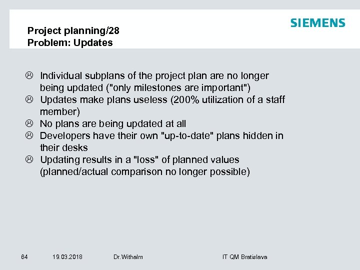 Project planning/28 Problem: Updates L Individual subplans of the project plan are no longer