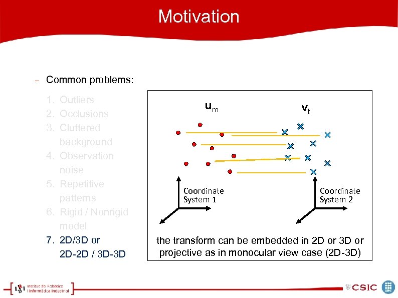Motivation Common problems: 1. Outliers 2. Occlusions 3. Cluttered background 4. Observation noise 5.