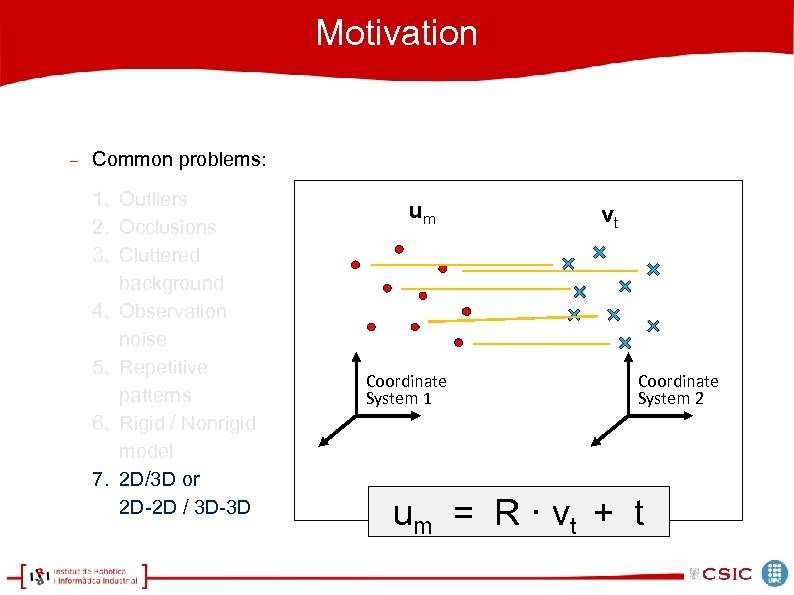 Motivation Common problems: 1. Outliers 2. Occlusions 3. Cluttered background 4. Observation noise 5.
