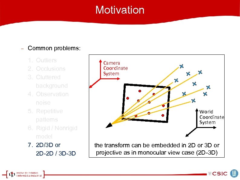 Motivation Common problems: 1. Outliers 2. Occlusions 3. Cluttered background 4. Observation noise 5.