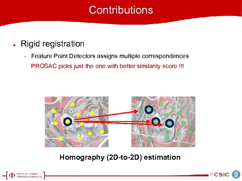 Contributions Rigid registration Feature Point Detectors assigns multiple correspondences PROSAC picks just the one