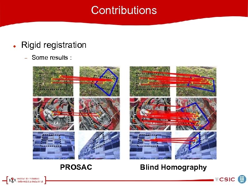 Contributions Rigid registration Some results : PROSAC Blind Homography 