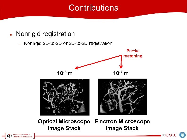 Contributions Nonrigid registration Nonrigid 2 D-to-2 D or 3 D-to-3 D registration Partial matching