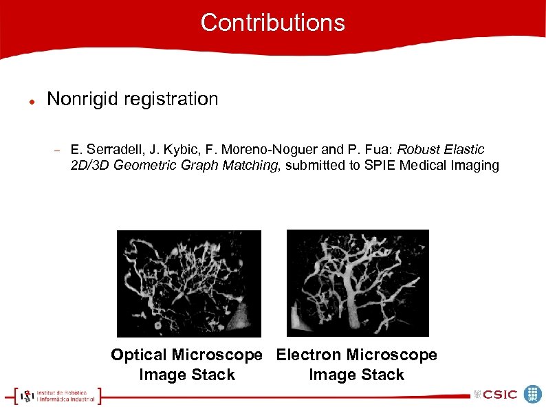Contributions Nonrigid registration E. Serradell, J. Kybic, F. Moreno-Noguer and P. Fua: Robust Elastic