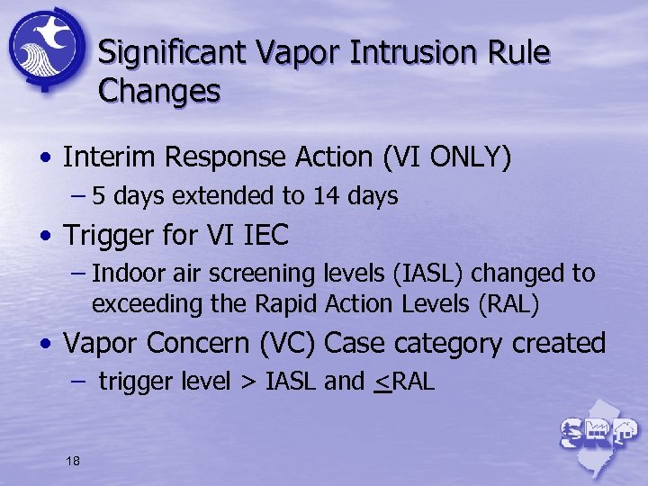 Significant Vapor Intrusion Rule Changes • Interim Response Action (VI ONLY) – 5 days