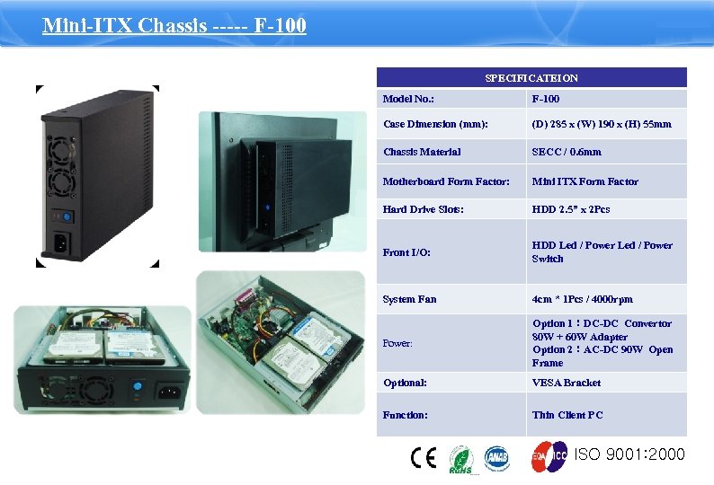 Mini-ITX Chassis ----- F-100 SPECIFICATEION Model No. : F-100 Case Dimension (mm): (D) 285
