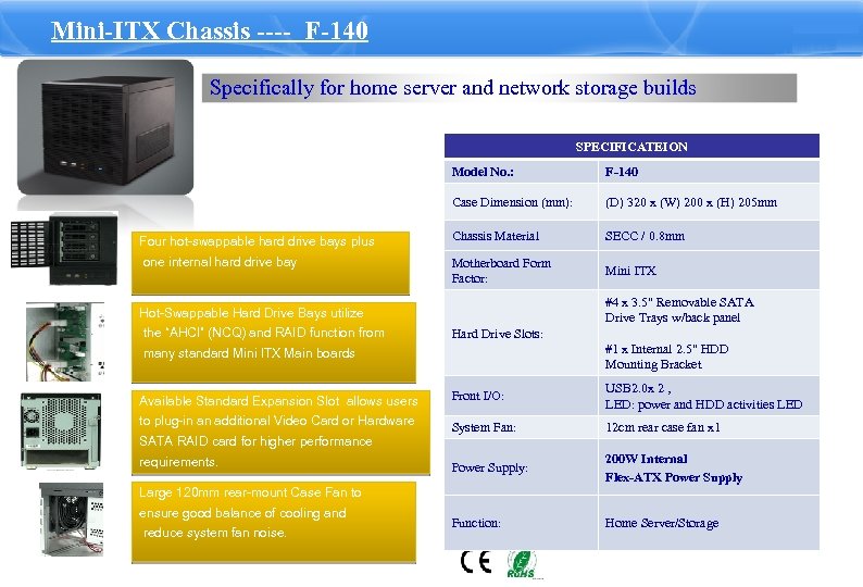 Mini-ITX Chassis ---- F-140 Specifically for home server and network storage builds SPECIFICATEION Model
