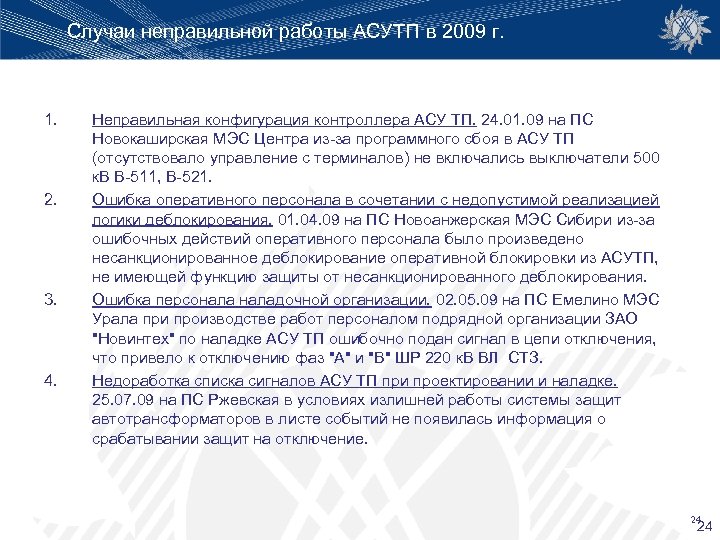 Случаи неправильной работы АСУТП в 2009 г. 1. 2. 3. 4. Неправильная конфигурация контроллера